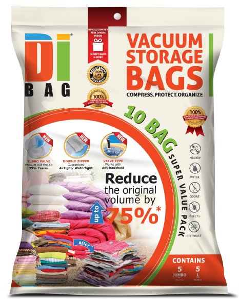 DIBAG ® 10 Bags Pack 5X(130x74 cm)   5X(86x50 cm) Vacuum Compressed Storage Space Saver Bags for Clothing, Duvets, Bedding, Pillows, Curtains & More.