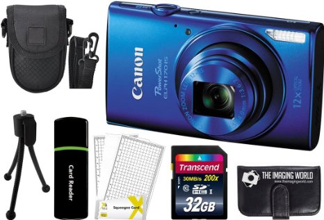 Canon PowerShot ELPH 170 IS 20.0MP Digital Camera (Blue)   32GB Card   Reader   Case   Accessory Bundle