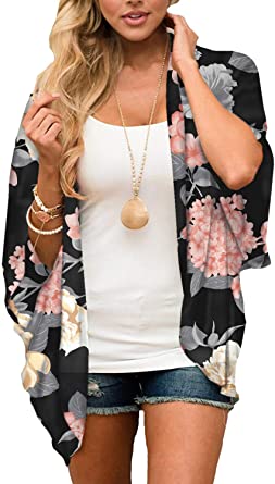 BB&KK Women's Floral Kimono Cardigans Chiffon Casual Loose Open Front Cover Ups Tops