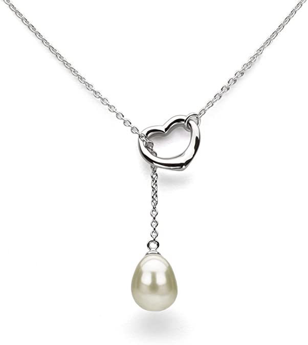 Heart Chain Necklace Cultured Freshwater Pearl Pendant Necklace Anniversary Jewelry 9x11mm 21 inch (Choice of Pearl Color and Metal Type)