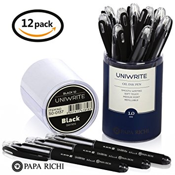 Papa Richi LUXURY Oil Pens UNIWRITE (Pack of 12) with Kernel 1.0mm – Premium Quality & Easy Writing - Original (Blue) Ink or Black Ink - Business Gift Pens - 30 Day Warranty (12 UniWrite 1.0, Black)