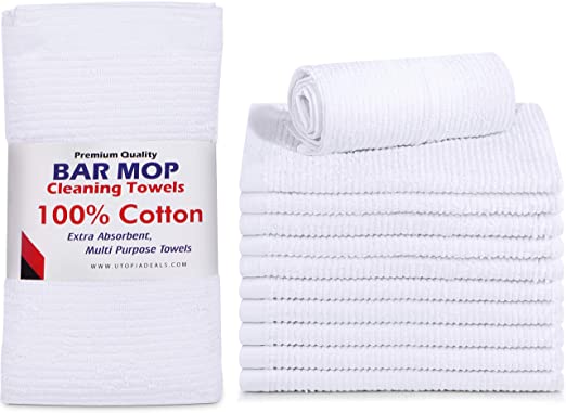 Utopia Towels 12 Pack Ribbed Bar Mops Towels 16 x 19 inches, Bar Towels and Cleaning Towels, White