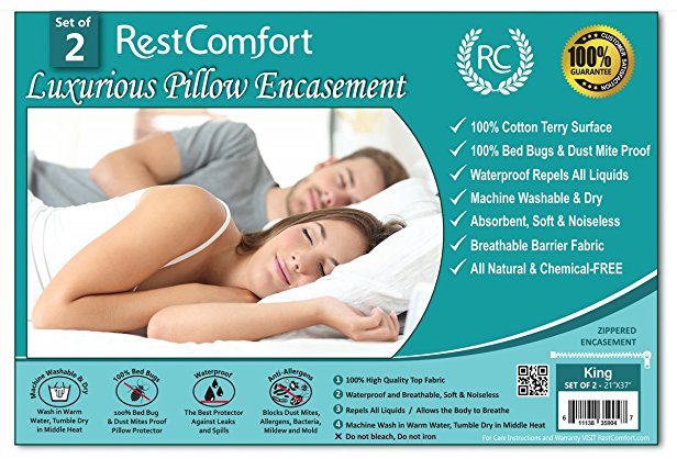 Set of 2 Cotton Terry Pillow Protectors, Bed Bug & Dust Mite Bacteria, Allergy Proof / Waterproof Hypoallergenic Breathable & Quite - Zippered Pillow Encasement, RestComfort (King 21"×37", White)