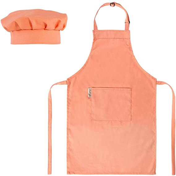 Kids Apron and Chef Hat Set-Adjustable Child Apron for Boys and Girls Aged 6-14,Children’s Kitchen Bib Aprons with Large Pocket for Cooking Baking Painting(Light Orange)