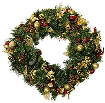 Mr. Light 36 Inch Wreath, 70 Warm White LED's , Berries, Pine Cones, 240 Tips, Indoor/ Outdoor Battery Box with 6hr/ 24 hr Electronic Timer. Includes Red and Gold Balls and Gold Glittery Leaves.