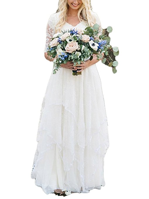 Falydal Women's Bohemian Wedding Dress Lace Chiffon Modest V Neck Half Sleeves Long Bridal Gowns