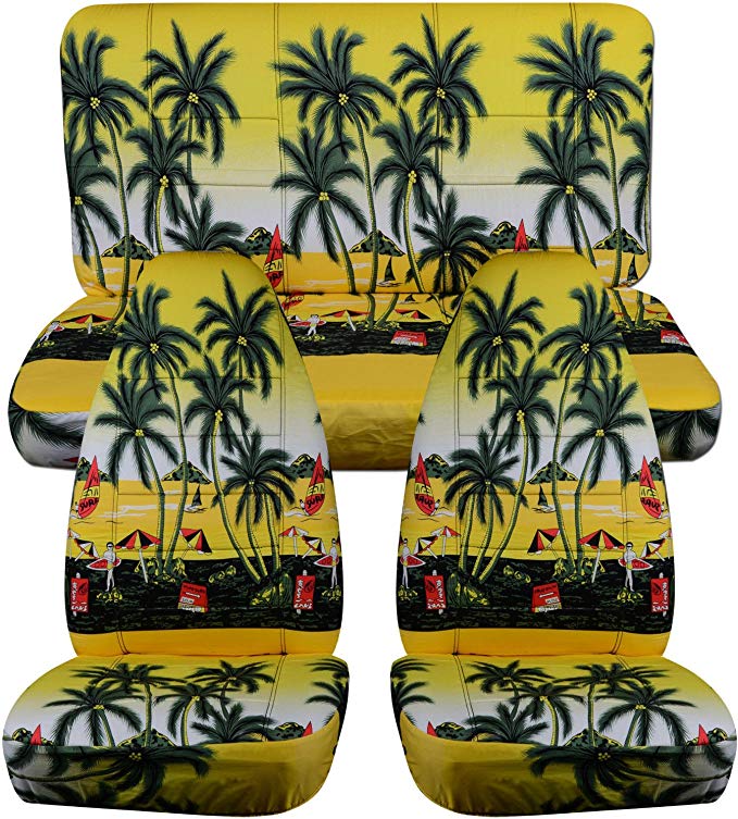 Designcovers 1997-2006 Jeep Wrangler TJ Hawaiian Seat Covers: Yellow w Palm Tree - Full Set: Front & Rear (4 Prints) 1998 1999 2000 2001 2002 2003 2004 2005 2-Door Complete Back Bench