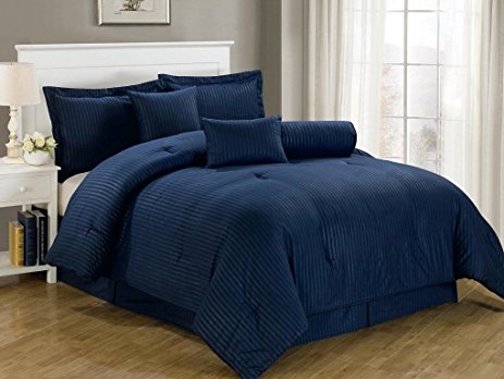 Chezmoi Collection 7-Piece Hotel Dobby Stripe Comforter Set, King, Navy Blue