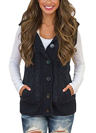 Asvivid Women's Hooded Button Up Sleeveless Fleece Sweater Coat Zip Up Jacket Vest S-XXL