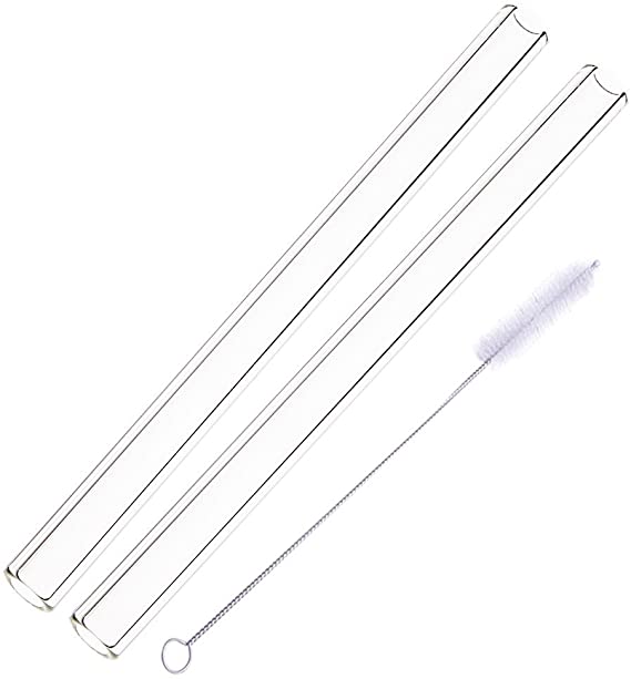 ALINK Glass Smoothie Straw, Extra Wide Reusable Long Fat Boba Straws, 14mm X 9 in Set of 2 with Clening Brush