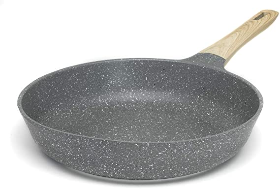 Ecolution Farmhouse Durable Non-Stick Fry Pan with Speckled Coating, Cast Aluminum and Stainless Steel Base, Even Heating, Dishwasher Safe, Wood Look Handle, 11 inch, Black