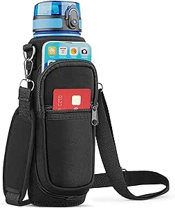 EcoEarth Water Bottle Carrier Bag (Black), Bottle Pouch Holder w/Adjustable Shoulder Sling Strap & 2 Convenient Pockets, Hydration Solution for Hiking, Running, Walking & Everyday Adventures