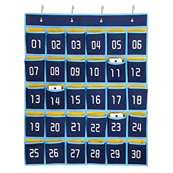 Hipiwe Numbered Classroom Organizer Pocket Chart for Cell Phones Calculator Holders with Hooks (30 Pockets, Blue Pockets)