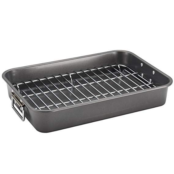 Farberware Nonstick Bakeware 11-Inch x 15-Inch Roaster with Flat Rack, Gray