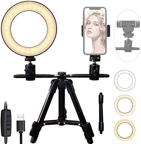 6" Ring Light Webcam Stand Phone Holder, Etubby LED Lamp Live Stream Camera Lighting [3-Mode, 10-Level] 17-52cm Tripod for Cellphones, Logitech Webcam C922 C930e C930 C920 C615, Lightweight Camera