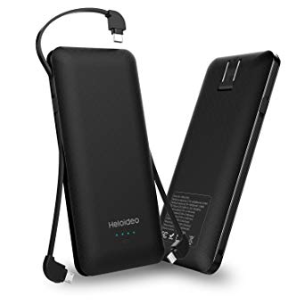 Heloideo 10000mAh Portable Charger Power Bank External Battery Pack with AC Plug And Micro Type-c Lightning Cables for iphone, Android and More （Black）
