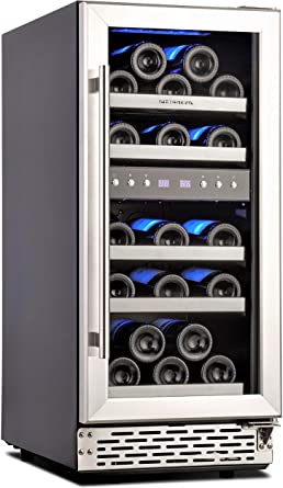 Phiestina 15 Inch Dual Zone Wine Cooler Refrigerator - 29 Bottle Built-in or Free-standing Frost Free Compressor Wine Refrigerator for White and Red Wines with Digital Memory Temperature Control