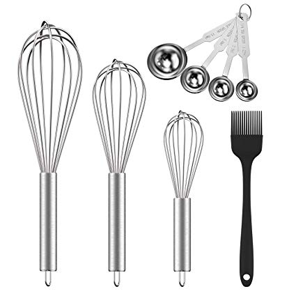 Ouddy 5 Pack Stainless Steel Whisk Set, 8" 10" 12" Wire Whisk Kitchen Wisks for Cooking with Stainless Steel Measuring Scoop Set & Cooking Brush for Blending, Whisking, Beating and Stirring