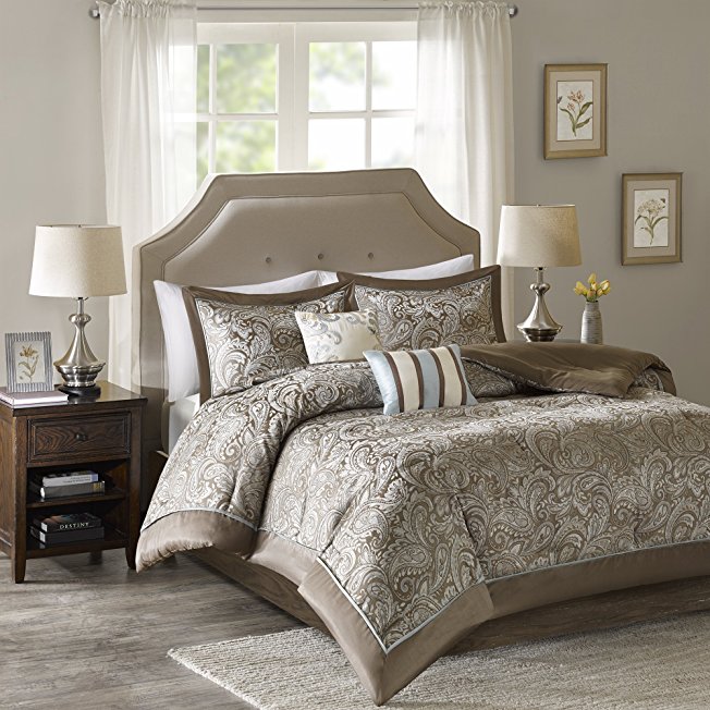 Comfort Spaces -Charlize Comforter Set - 5-Piece - Soft Blue and Taupe - Jacquard weave - King / Cal-King Size