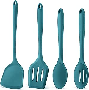 P&P CHEF Blue Kitchen Utensil Set, 4 Pieces Non-stick Silicone Cooking Utensils, Heat-resistant Slotted Solid Spoon Turner for Frying, Mixing, Serving, Non-toxic & Easy to Clean