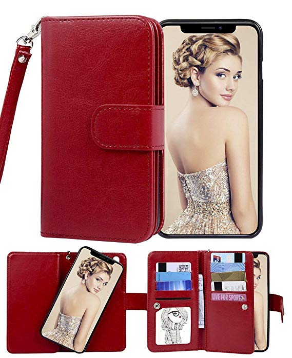 iPhone 11 Wallet Case,FLYEE Detachable 2in1 Case with Many Cards Slots and Wrist Strap [Kickstand] Magnetic Closure PU Leather case Flip Protective Purse for Apple iPhone 11 6.1 inch [Red]