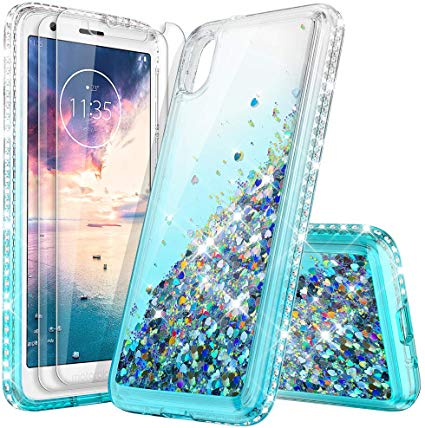 Moto E6 Phone Case for Girl Women [with Tempered Glass Screen Protector,2 Pack],Glitter Moving Liquid Quicksand,Shockproof Scratch Resistant Protective Clear Case for Motorola E6 (Transparent Blue)