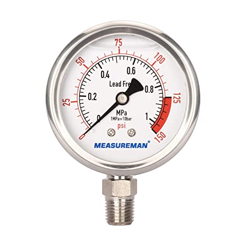 MEASUREMAN Lead Free Glycerin Filled Reverse Osmosis Pressure Gauge, 2-1/2" Dial Size, 1/4"NPT Lower Mount, 0-150psi/Mpa