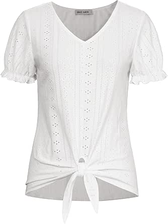 GRACE KARIN Women's 2024 Summer Tops Short Sleeve V Neck Basic T Shirts Dressy Casual Tie Front Tops Eyelet Blouses Tunic