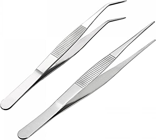 uxcell 2pcs 6.9-inch, 7-inch Stainless Steel Tweezers with Serrated Tip (Straight Pointed Tip, Curved Pointed Tip)