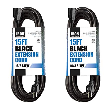 2 Pack of 15 Ft Outdoor Extension Cords - 16/3 Durable Black 3 Prong Extension Cord Pack