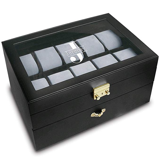 Ikee Design Deluxe Black Watch Display Case With Key Lock, Clear Glass Top, 20 Watch Holders.