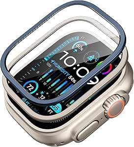 ESR 2 Pack Armorite Screen Protector for Apple Watch Ultra 2/1 (2024/2023/2022, 49 mm), Military Grade Protection, Tempered Glass Film with Aluminum Alloy Frame, Keep Original, Titanium & Blue