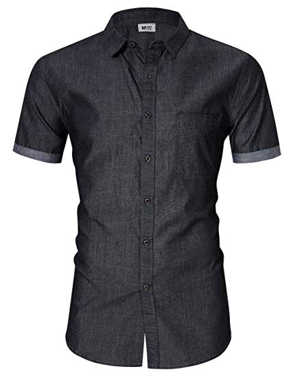 Kuulee Men's Casual Slim Fit Short Sleeve Button Down Dress Shirts Denim Shirt Jean Shirt