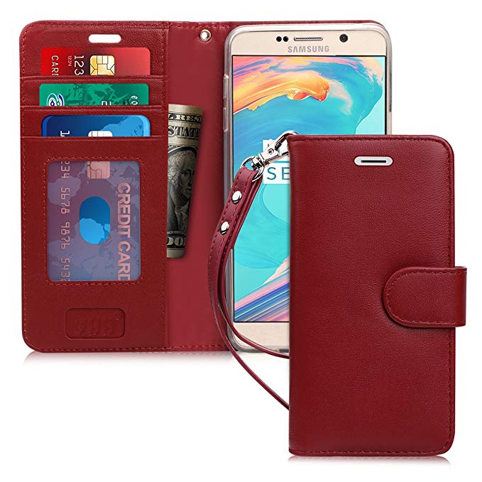 FYY [Luxury Genuine Leather] Wallet Case for Galaxy Note 5, [Kickstand Feature] Flip Folio Case Cover with [Card Slots] and [Note Pockets] for Samsung Galaxy Note 5 Wine Red