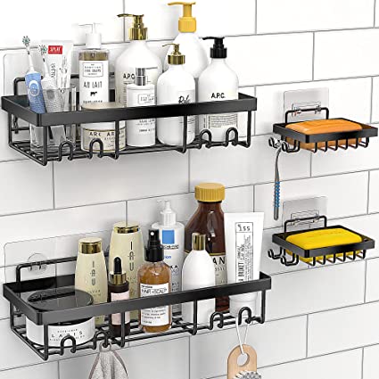 MOFOROCO Shower Caddy Shelf Organizer (2Pack) with 2 Soap Dishes, Adhesive Black Bathroom Basket Shelves with Hooks, No Drilling Wall Mount Shower Storage Accessories, Rustproof Stainless Steel
