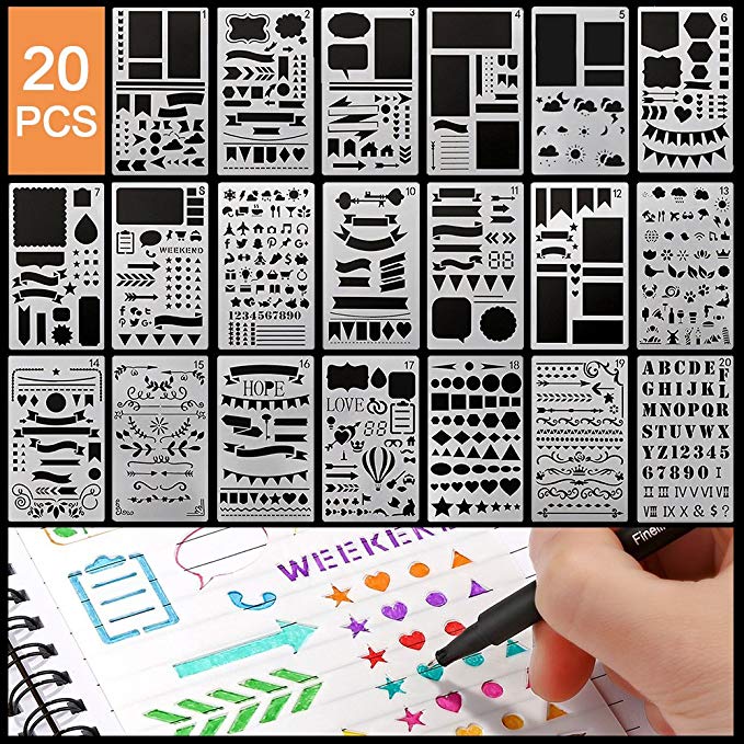 Bullet Journal Stencils Set 20 Pcs Plastic Planner Stencil for Diary, Journal, Scrapbook, DIY Craft Drawing Template