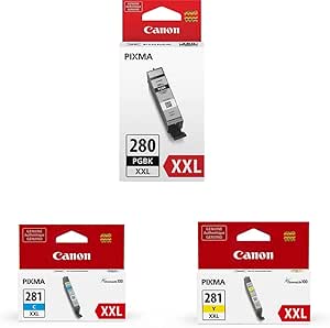 Canon PGI-280 XXL Pigment Black Ink Tank, Compatible to: TS8120, TS6120, TR7520, TR8520, TS9120, TS8120 CLI-281XXL Cyan Ink Tank & Canon CLI-281XXL Yellow