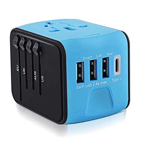Travel Adapter, Universal International Travel Power Adapter With High Speed 2.4A x 3 USB Port And 3A Type-C Wall Charger, Worldwide ACTravel Adapter Plug for US, EU, UK, AU 150  Countries