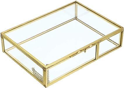 Hipiwe Gold Glass Photo Box - Vintage Photo Storage Organizer, Trinket Box Jewelry Display Organizer Photo Keepsake Box Case Home Decor (Medium)