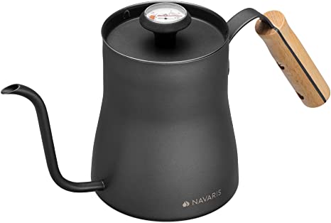 Navaris 1 Litre Gooseneck Kettle - Stainless Steel Coffee Kettle with Pour Over Spout for Coffee Stove Top Hobs Induction Hobs with Thermometer