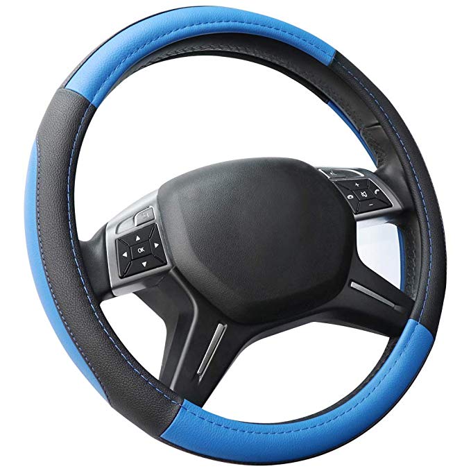 Cofit Microfiber Leather Steering Wheel Cover Universal Size 37-39cm Blue and Black