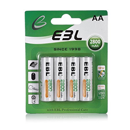 EBL 2800mAh Rechargeable AA Batteries High Capacity with New Retail Package [Pack of 4]