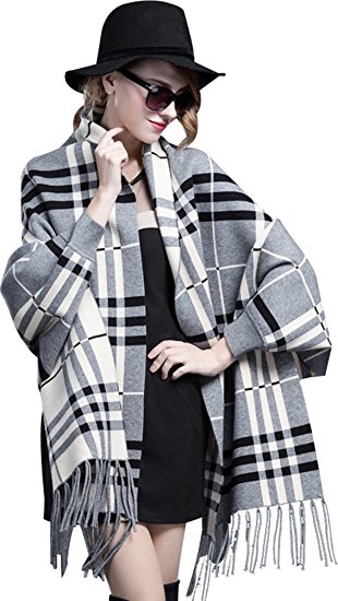 Bellady Winter Thick Cardigan Coat Ladies Open Front Fringe Batwing Poncho Plaid Cardigan Cape