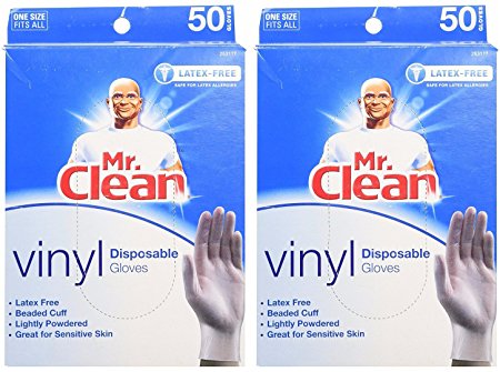MR. CLEAN Latex Free VINYL Disposable Cleaning Gloves with BEADED CUFF, 50 Count, 2 Pack