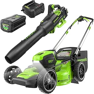 Greenworks 80V 21" Self-Propelled Lawn Mower   Blower (Gen 2), 5.0Ah Battery