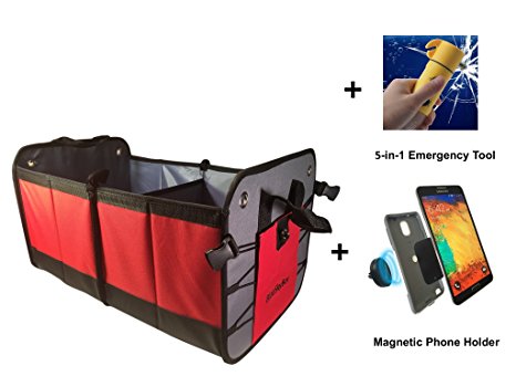 SUV Trunk Organizer   Lifesaving Emergency Tool   Car Vent Magnetic Cell phone Holder – Premium Material Collapsible Reinforced Bottom Water Resistant Plenty of Storage. Ideal for Car, Camping, Home.