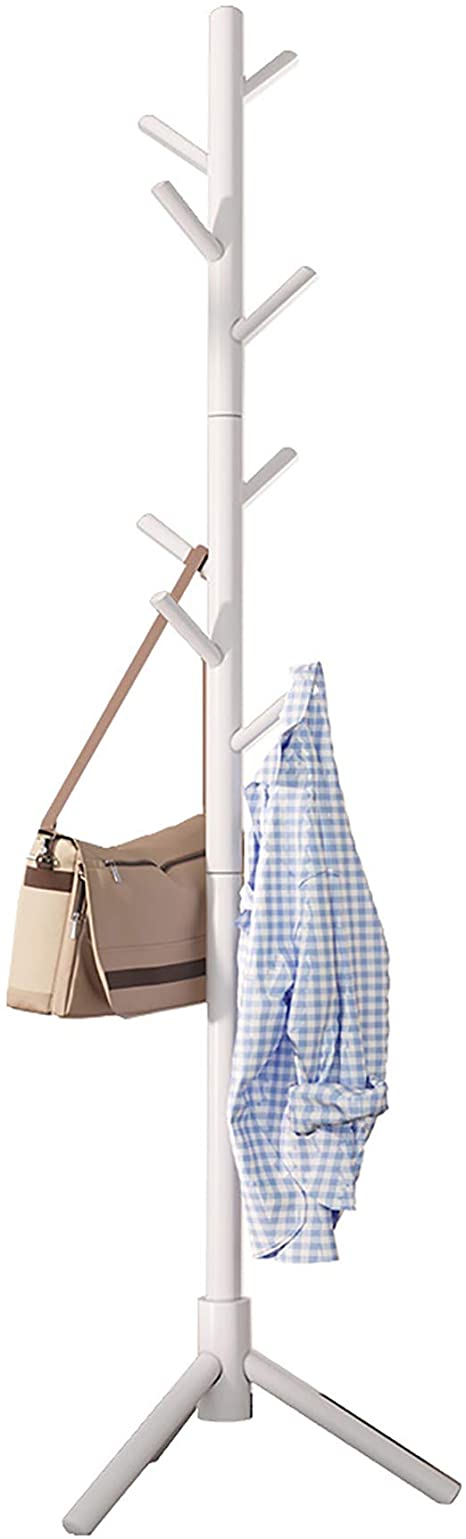 UDEAR Coat Rack Solid Wood Standing Hanger, Office Entrance, Bedroom, Storage Clothes, Hat, Bag,8 Hooks, 3-Leg Base, White