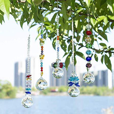 H&D Crystal Ball Prism Rainbow Octogon Chakra Hanging Suncatcher - Window Sun Catcher, Set of 5