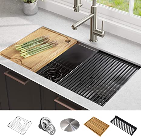 KRAUS KWU112-33 Kore Workstation 33-inch Undermount 16 Gauge Double Bowl Stainless Steel Kitchen Sink with Integrated Ledge and Accessories (Pack of 8)