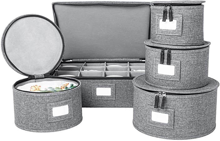 China Storage Set, Hard Shell and Stackable Dish Storage, Protects Plates Cups and Mugs, Felt Plate Dividers Included